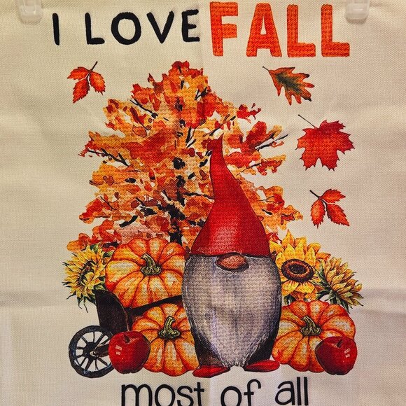 NEW "I LOVE FALL MOST OF ALL" FLORAL GNOME POLYESTER LINEN PILLOW COVER 18" - Picture 2 of 9